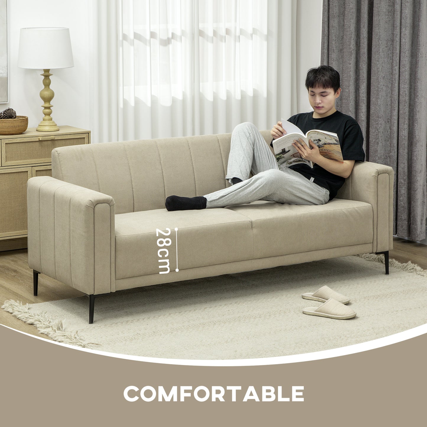 3 Seater Sofa, Modern Fabric Couch with Channel Tufted, Khaki