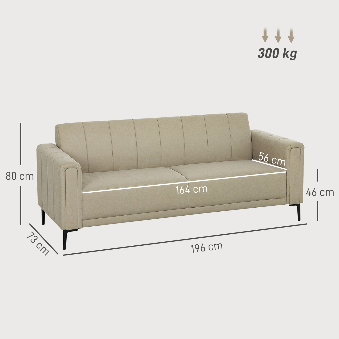 3 Seater Sofa, Modern Fabric Couch with Channel Tufted, Khaki