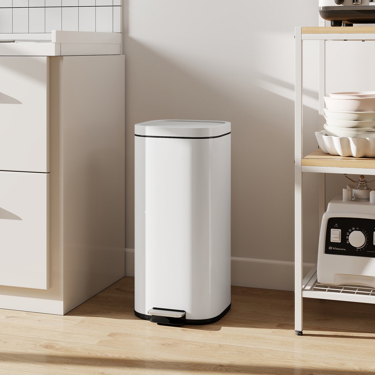 30L Kitchen Bin, Pedal Bin with Lid, Removable Inner Bucket, Cream