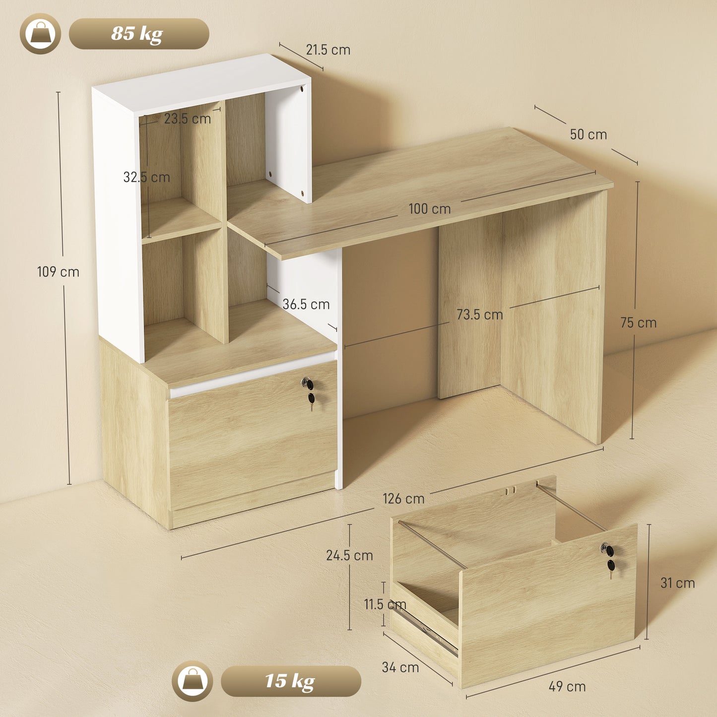Computer Desk with Lockable File Drawers, Oak Wood Effect