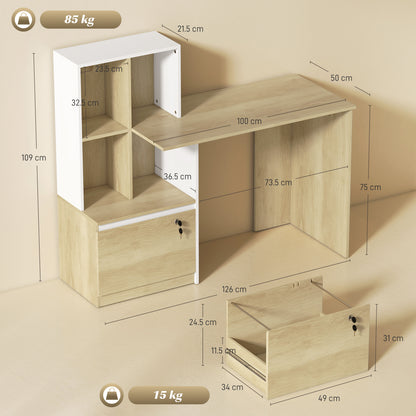 Computer Desk with Lockable File Drawers, Oak Wood Effect