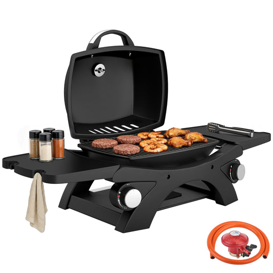 2 Burner Gas Grill, Tabletop BBQ with Cast Iron Grates, Black