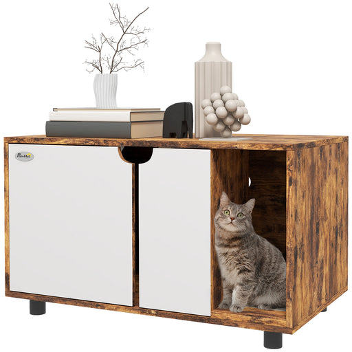 Hidden Cat Litter Box Furniture with Sand Drain Pad, Rustic Brown