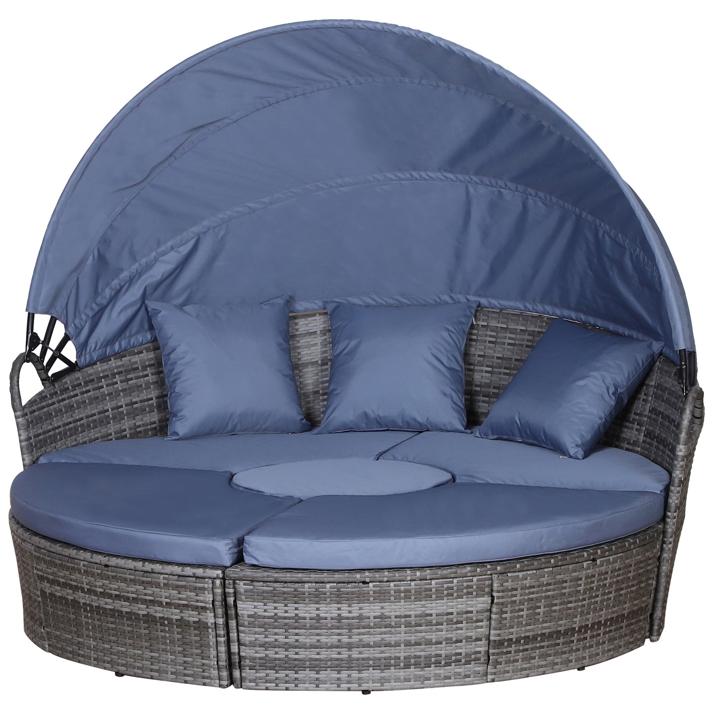 5-Seater Rattan Garden Furniture Cushioned Wicker Round  Bed with Coffee Table Patio Conversation Furniture Set, Grey with Blue Cushions