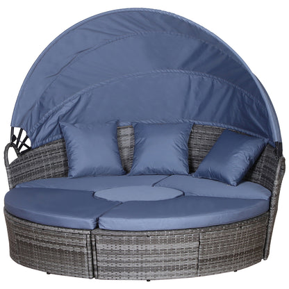 5-Seater Rattan Garden Furniture Cushioned Wicker Round  Bed with Coffee Table Patio Conversation Furniture Set, Grey with Blue Cushions