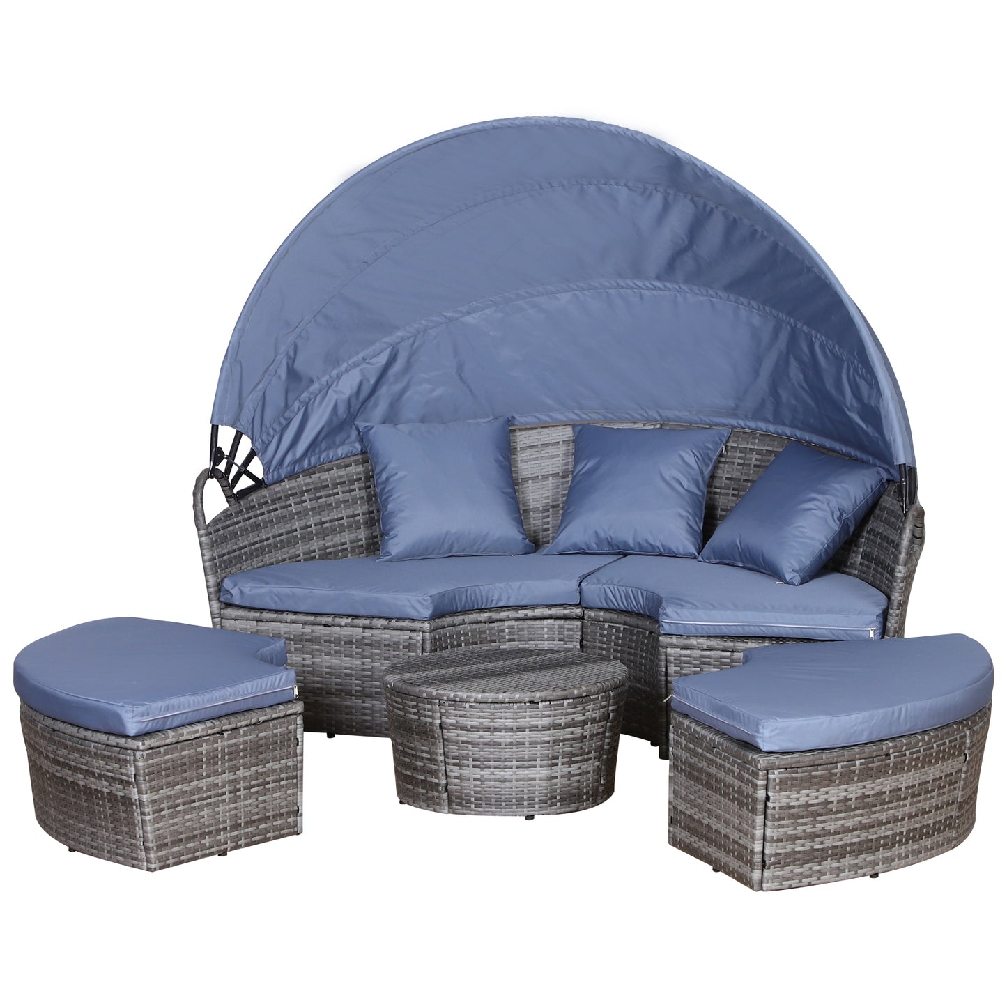 5-Seater Rattan Garden Furniture Cushioned Wicker Round  Bed with Coffee Table Patio Conversation Furniture Set, Grey with Blue Cushions