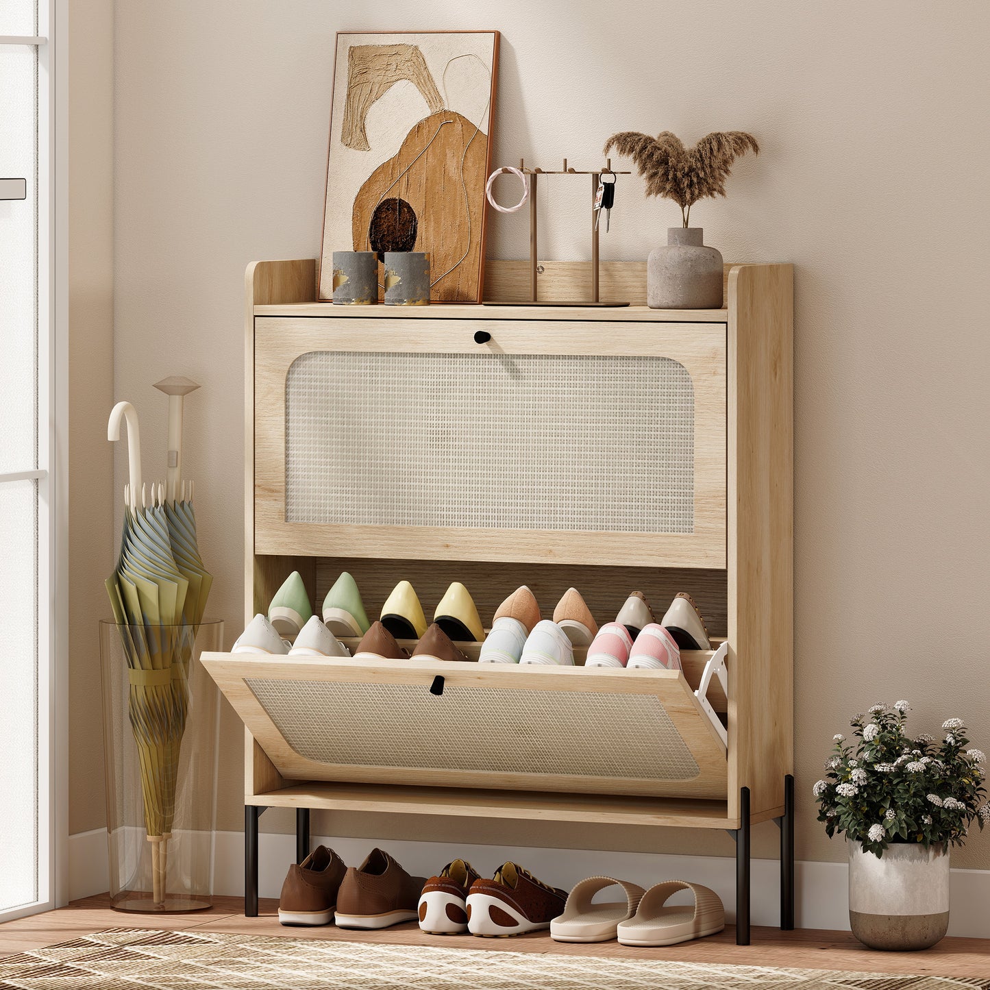 Boho Narrow Shoe Cabinet, Shoe Rack with 2 Flip Drawers, Oak