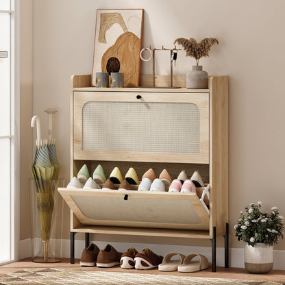 Boho Narrow Shoe Cabinet, Shoe Rack with 2 Flip Drawers, Oak