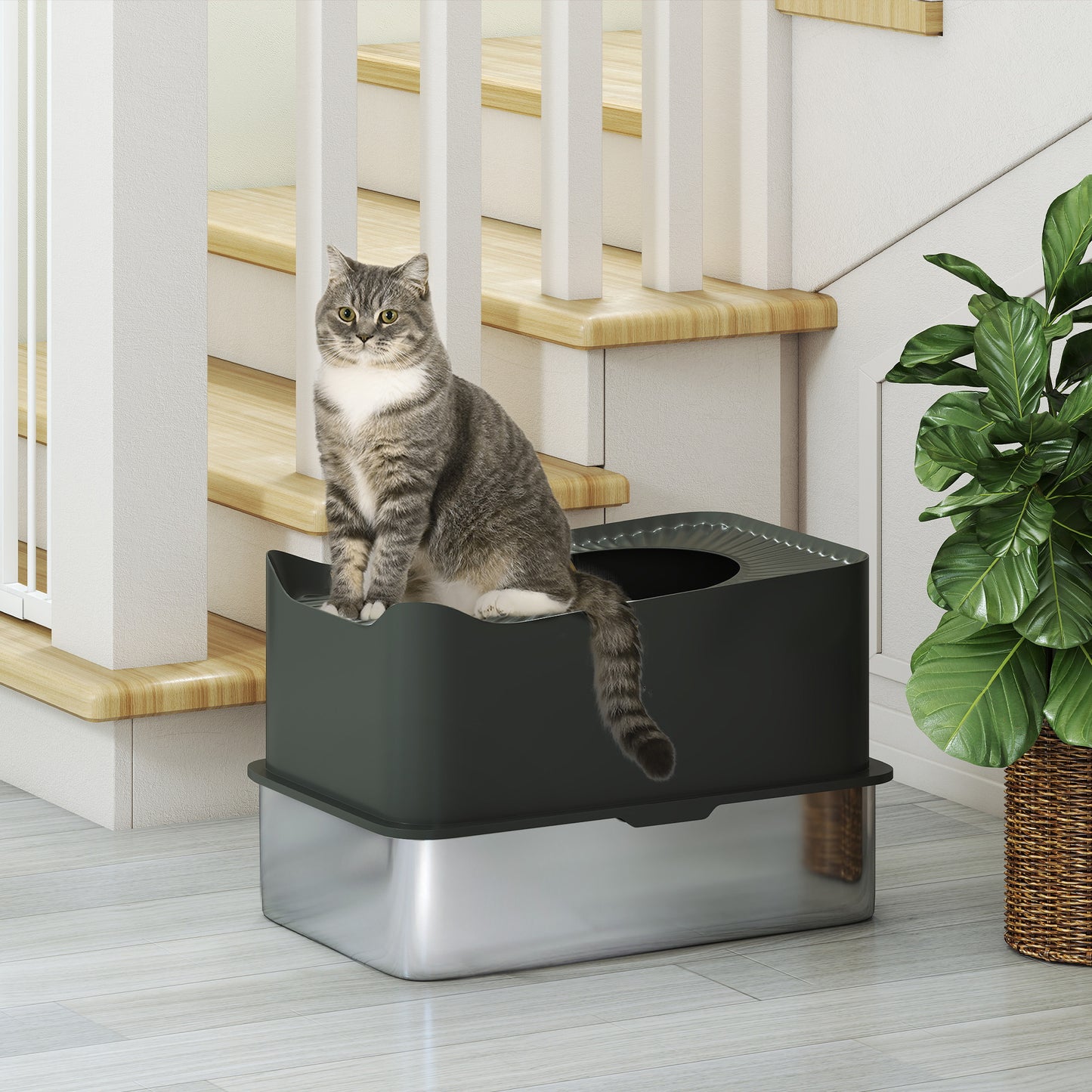 Stainless Steel Cat Litter Box, Enclosed Metal Litter Tray, Dark Grey
