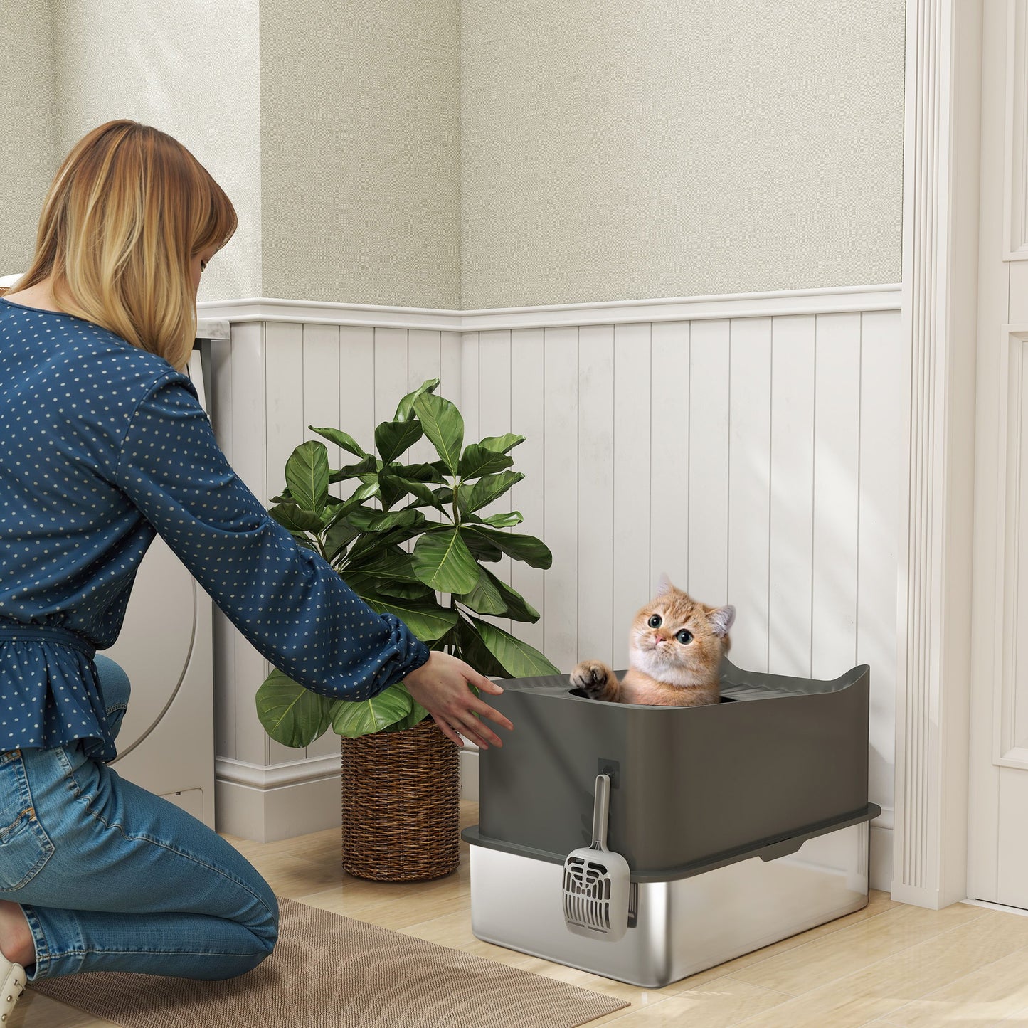 Stainless Steel Cat Litter Box, Enclosed Metal Litter Tray, Dark Grey
