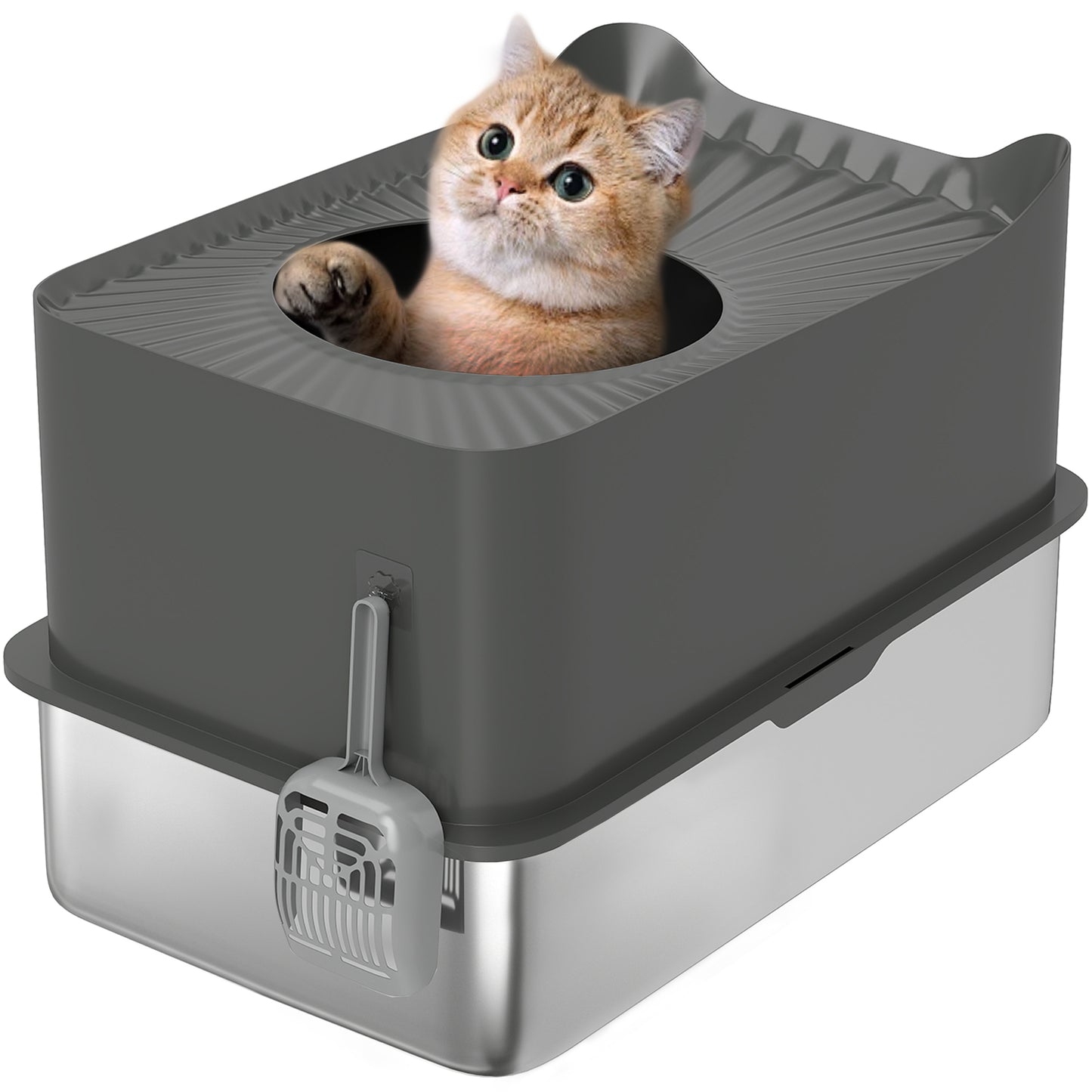 Stainless Steel Cat Litter Box, Enclosed Metal Litter Tray, Dark Grey