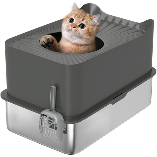 Stainless Steel Cat Litter Box, Enclosed Metal Litter Tray, Dark Grey