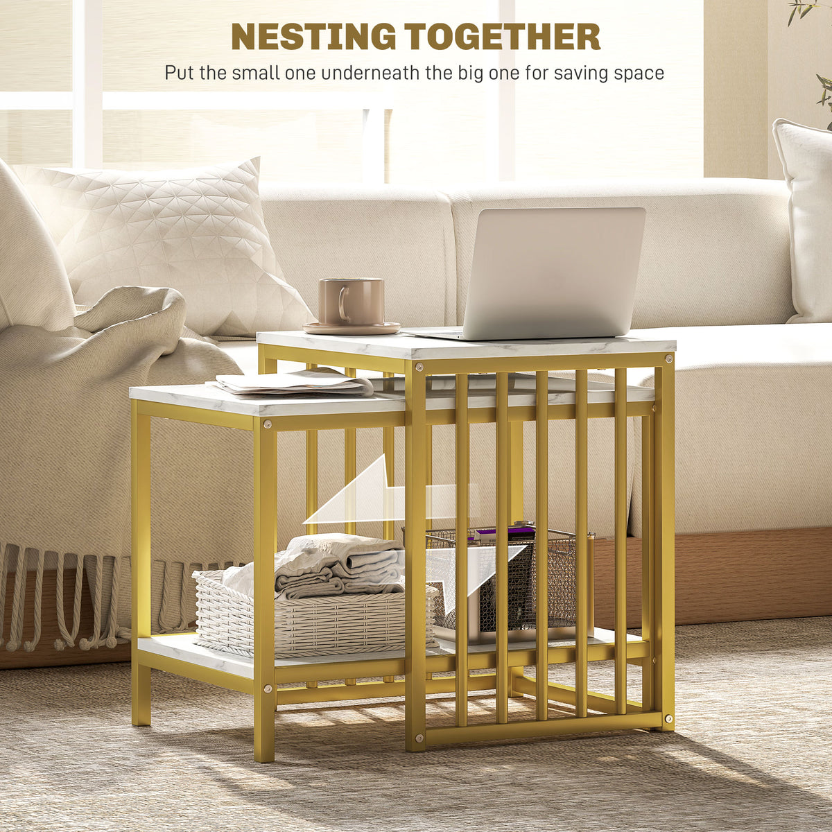 Modern Coffee Table Set of Two w/ Steel Frame Marble-Effect Gold Tone