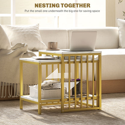 Modern Coffee Table Set of Two w/ Steel Frame Marble-Effect Gold Tone