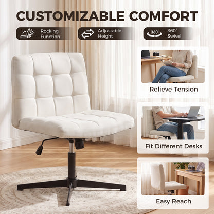 Armless Office Chair, Cross Legged Vanity Chair with Wide Seat, Beige