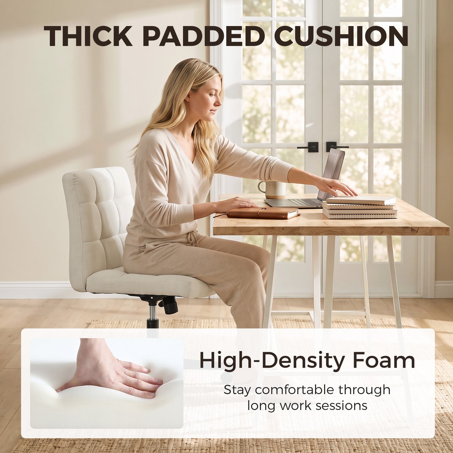 Armless Office Chair, Cross Legged Vanity Chair with Wide Seat, Beige