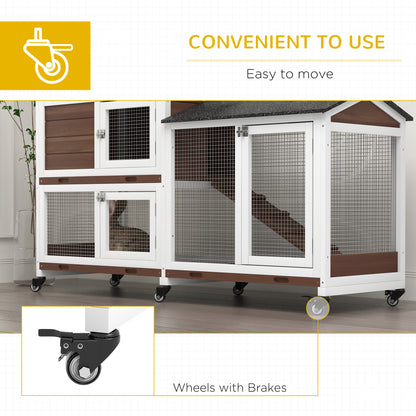 Rabbit Hutch, Bunny Cage Outdoor 2-Tier w/ Wheels & Tray, Brown
