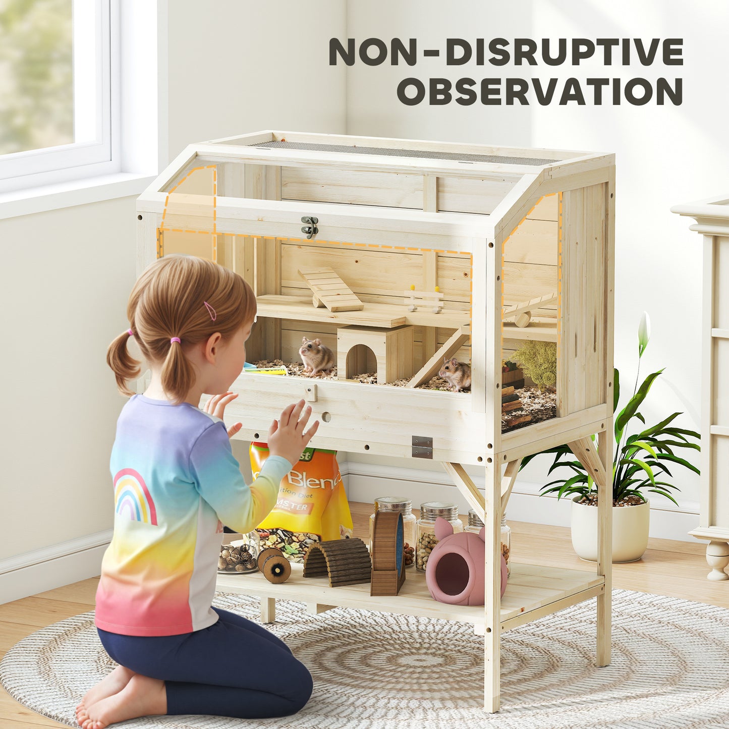 Wooden Hamster Cage, 2 Tier Hamster Habitat with Storage Shelf