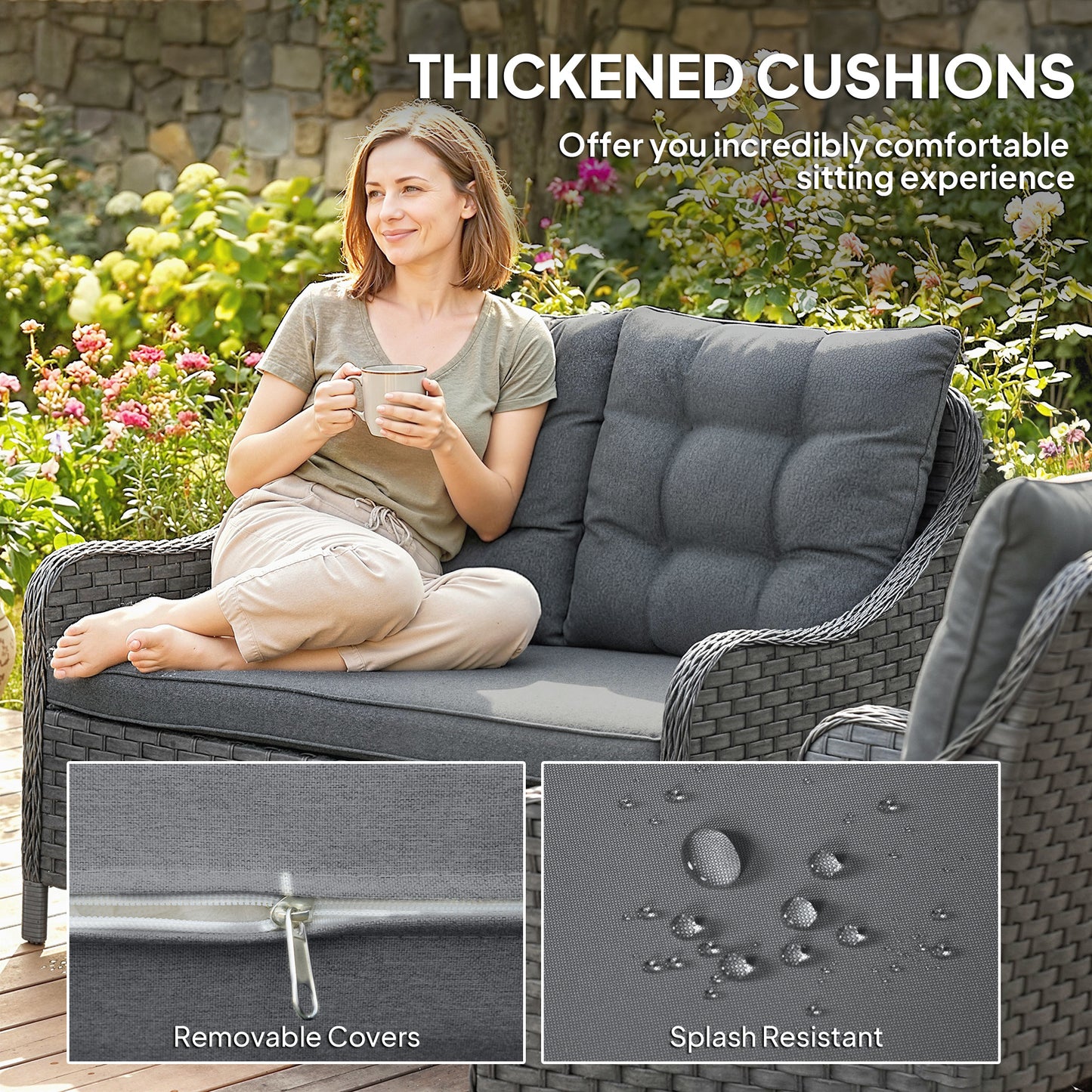 4 Piece Rattan Patio Furniture Set with Removable Cushion Covers