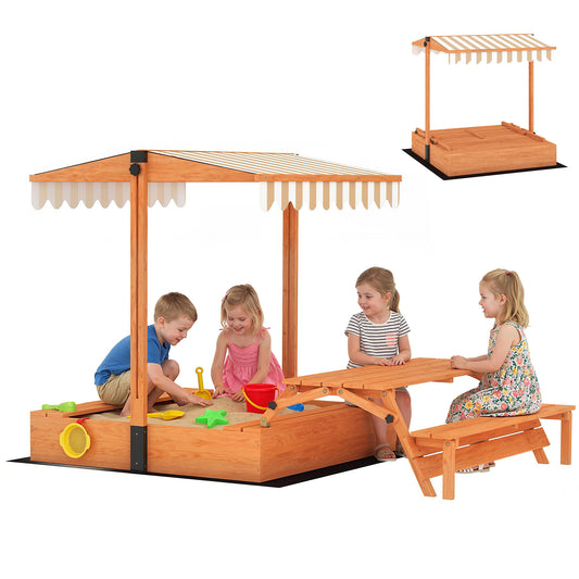 Wooden Kids’ Sandpit with Adjustable Canopy and Convertible Picnic Table - Brown, Off-White, Khaki & Black