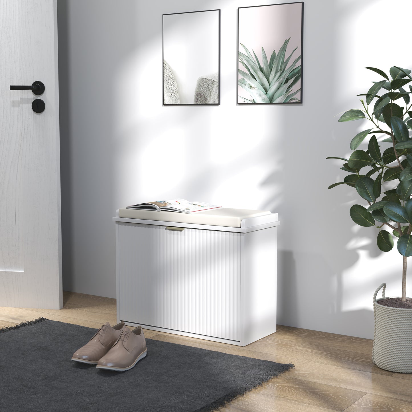 Shoe Storage Bench with Cushion and Flip-Drawer 62x26x47.5cm White