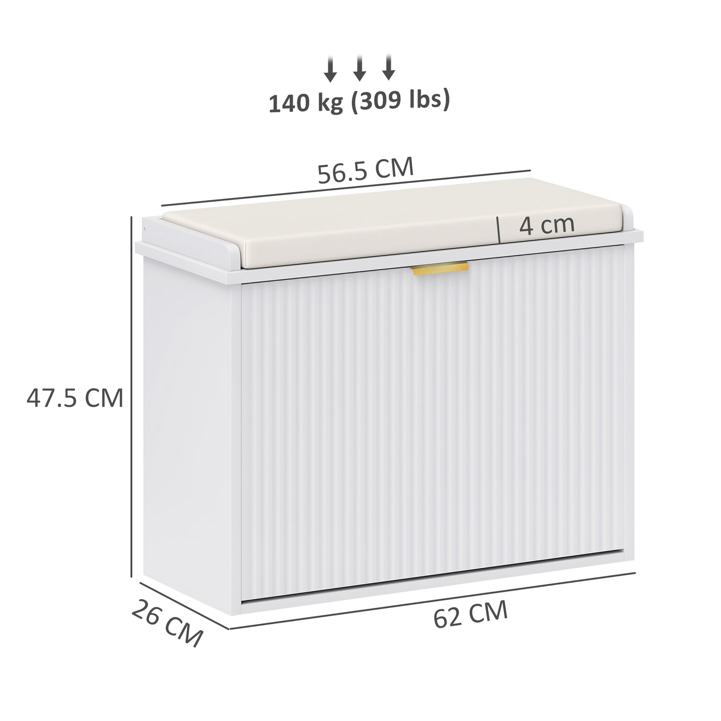 Shoe Storage Bench with Cushion and Flip-Drawer 62x26x47.5cm White