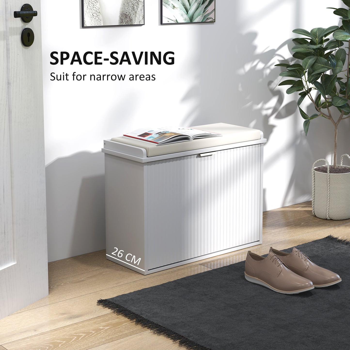 Shoe Storage Bench with Cushion and Flip-Drawer 62x26x47.5cm White