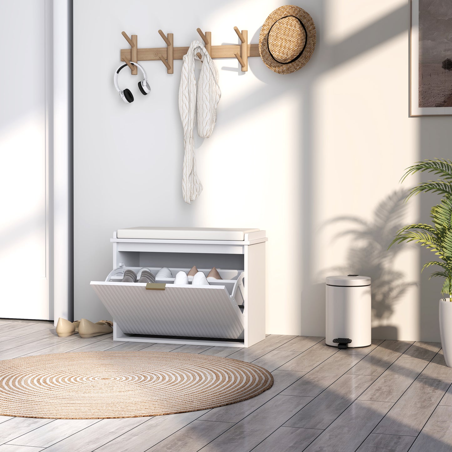 Shoe Storage Bench with Cushion and Flip-Drawer 62x26x47.5cm White