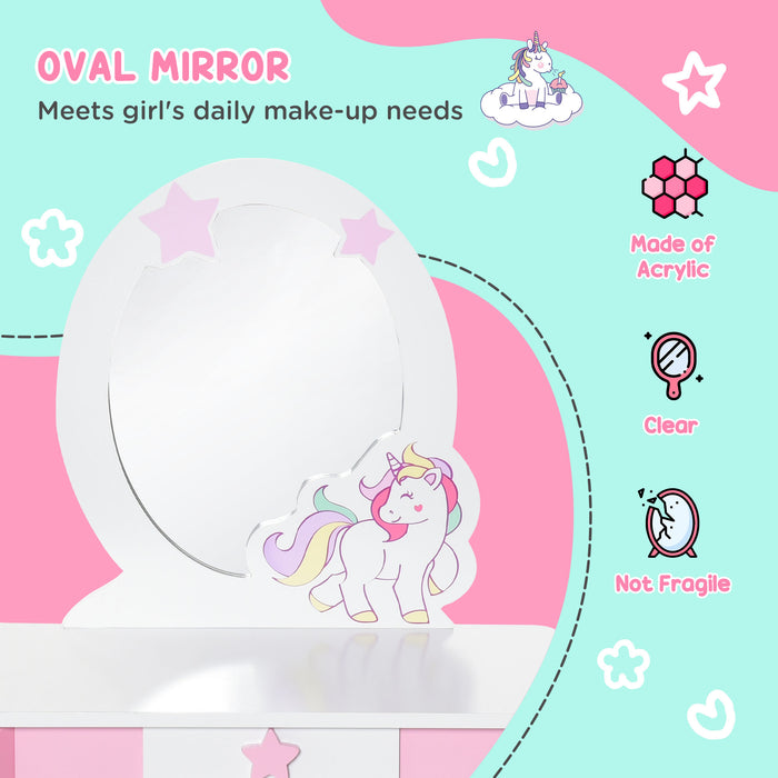 Girls Dressing Table w/ Mirror & Stool, Kids Dressing Table, Unicorn Pretend Play Toy for Toddles Age 3-6 Years, Acrylic Mirror, Pink & White