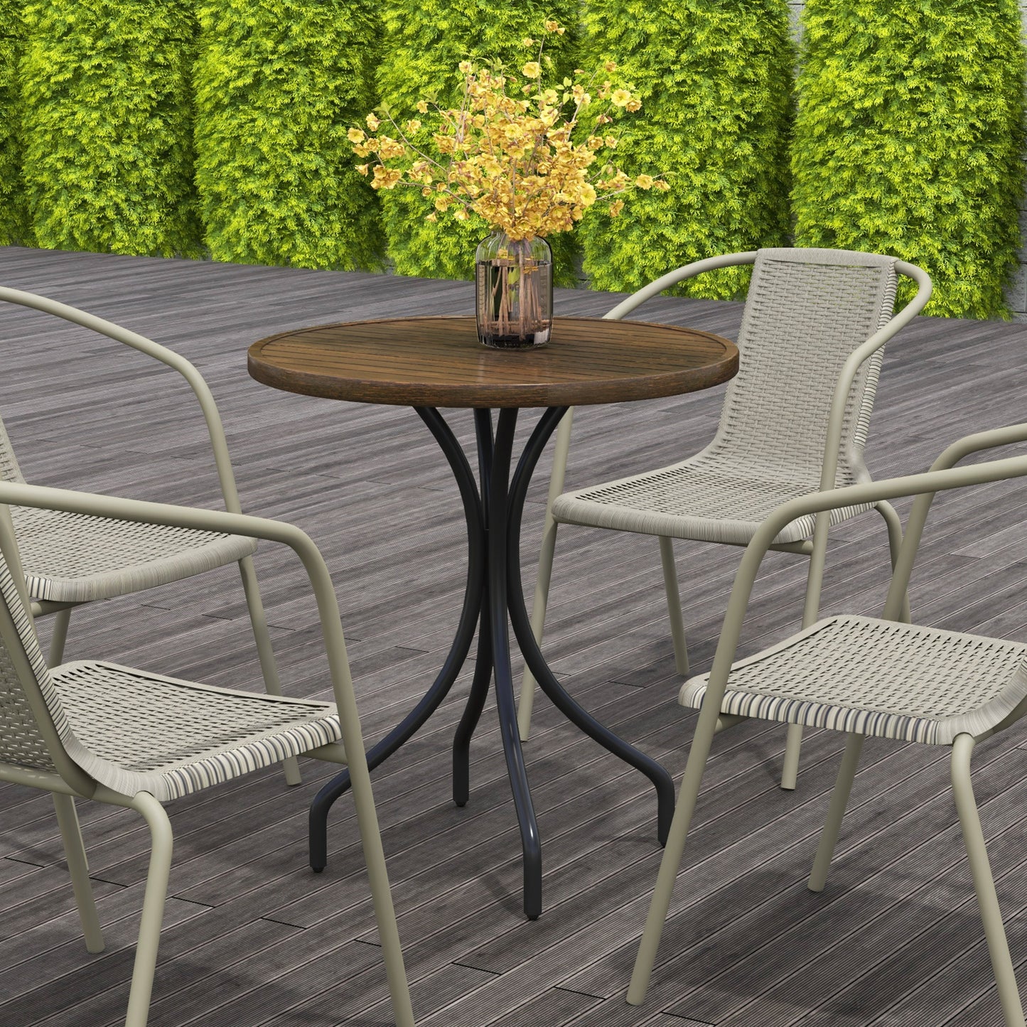 Round Garden Table Outdoor Side Table with Steel Frame Brown