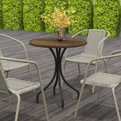 Round Garden Table Outdoor Side Table with Steel Frame Brown