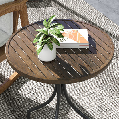Round Garden Table Outdoor Side Table with Steel Frame Brown