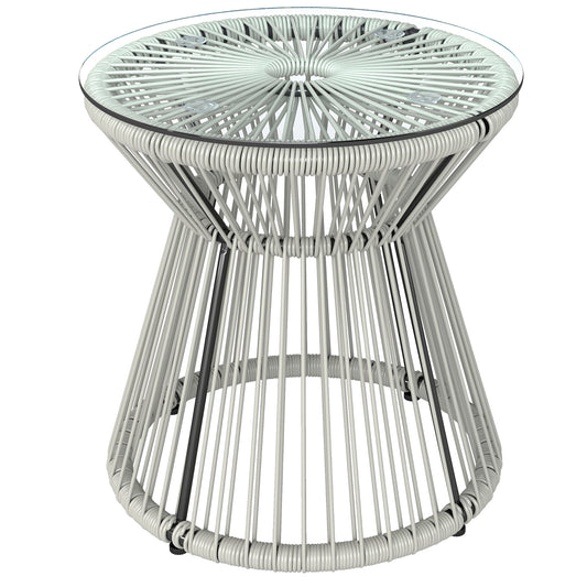Rattan End Table, Round Hollow Drum Design Side Table, Light Grey
