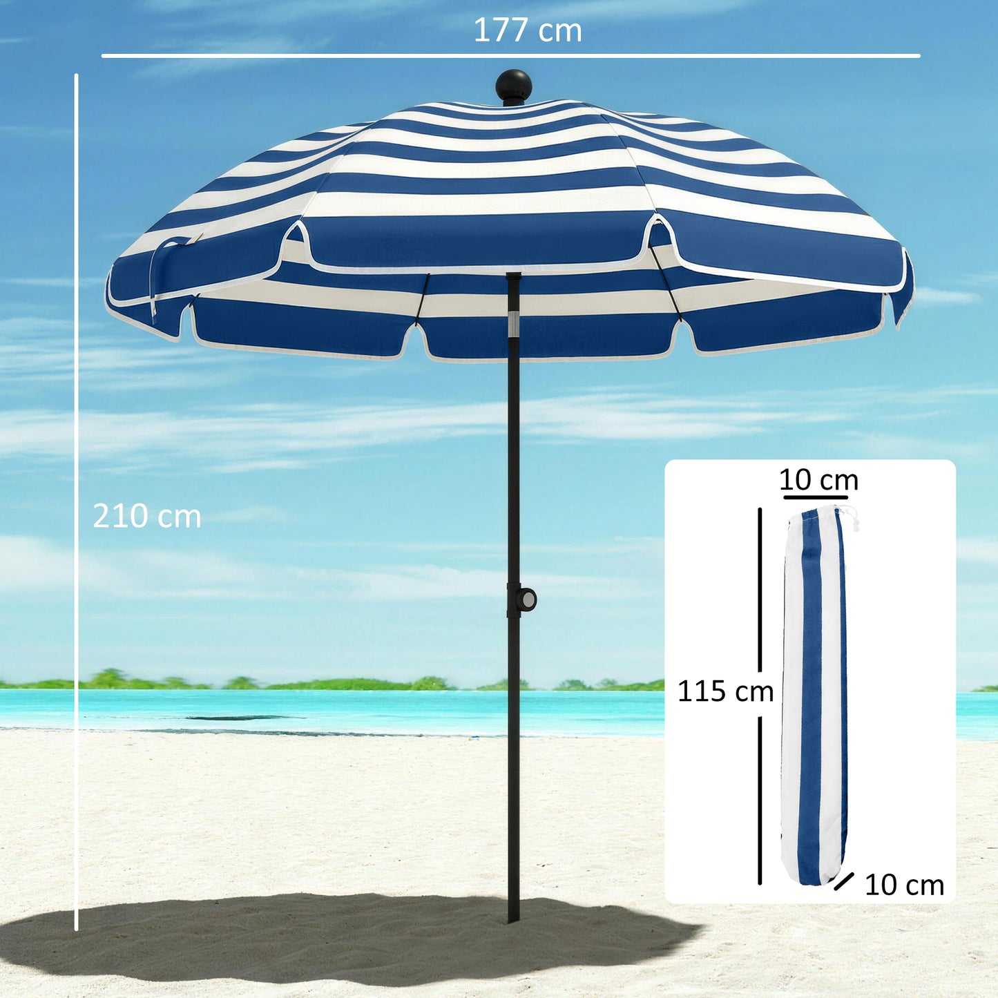 1.8 m Beach Umbrella Parasol with Sand Anchor, Tilt, Blue/White