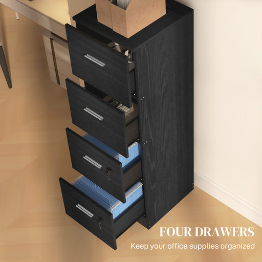 4 Drawer File Cabinet Locking Filing Cabinet, Black Wood Effect