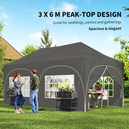 3 x 6m Pop Up Gazebo with Sides, Peak Top Garden Party Tent Marquee