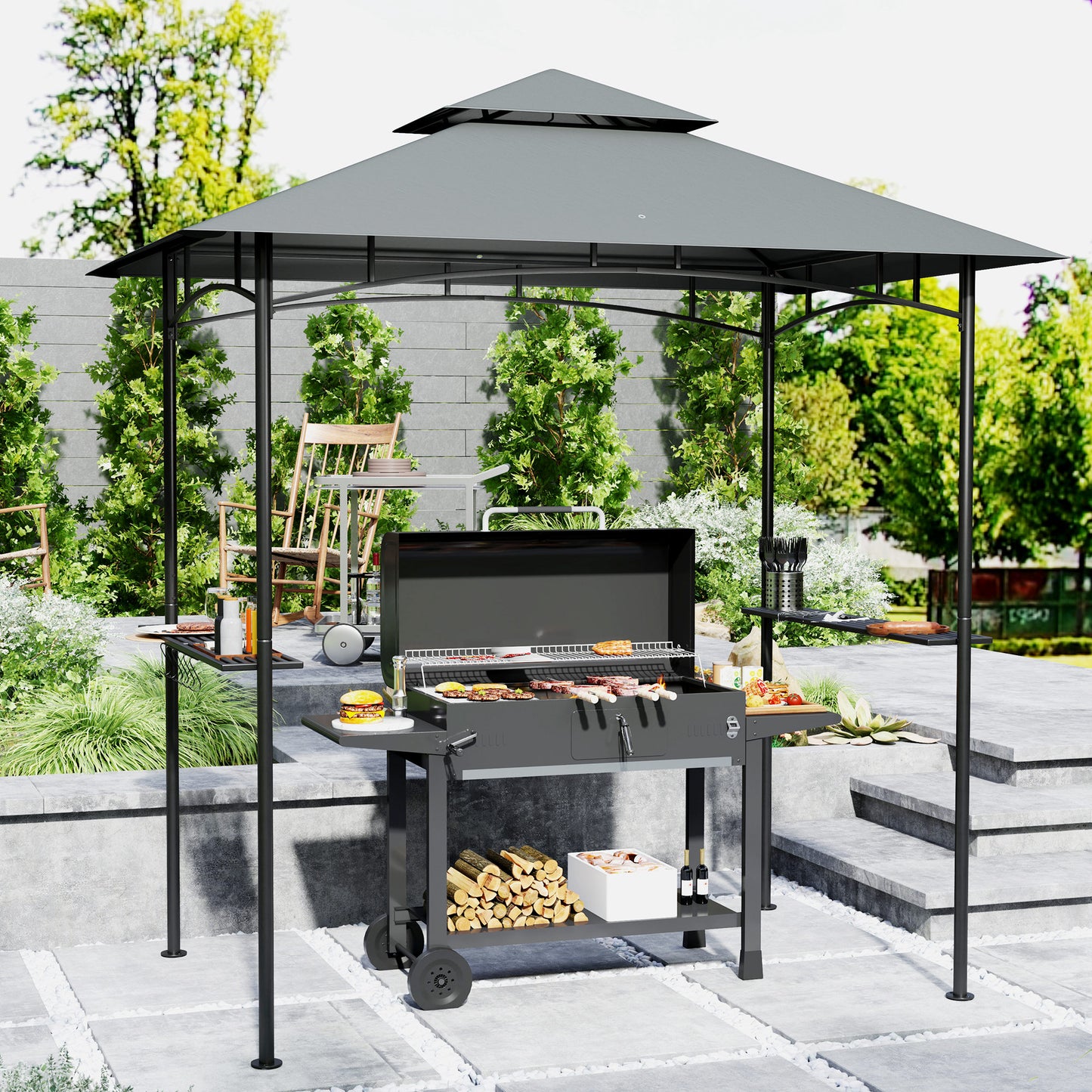 8' x 5' Grill Gazebo, Double Tiered Outdoor BBQ Shelter, Dark Grey