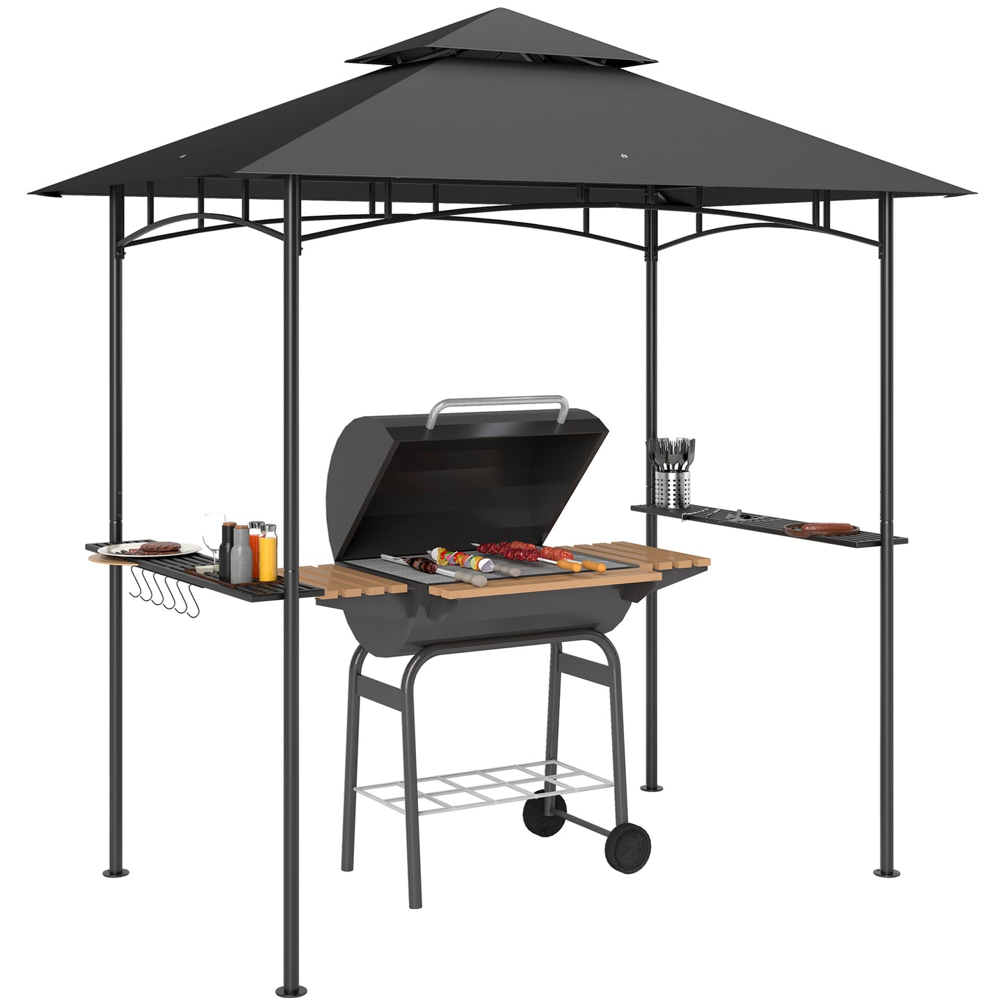 8' x 5' Grill Gazebo, Double Tiered Outdoor BBQ Shelter, Dark Grey