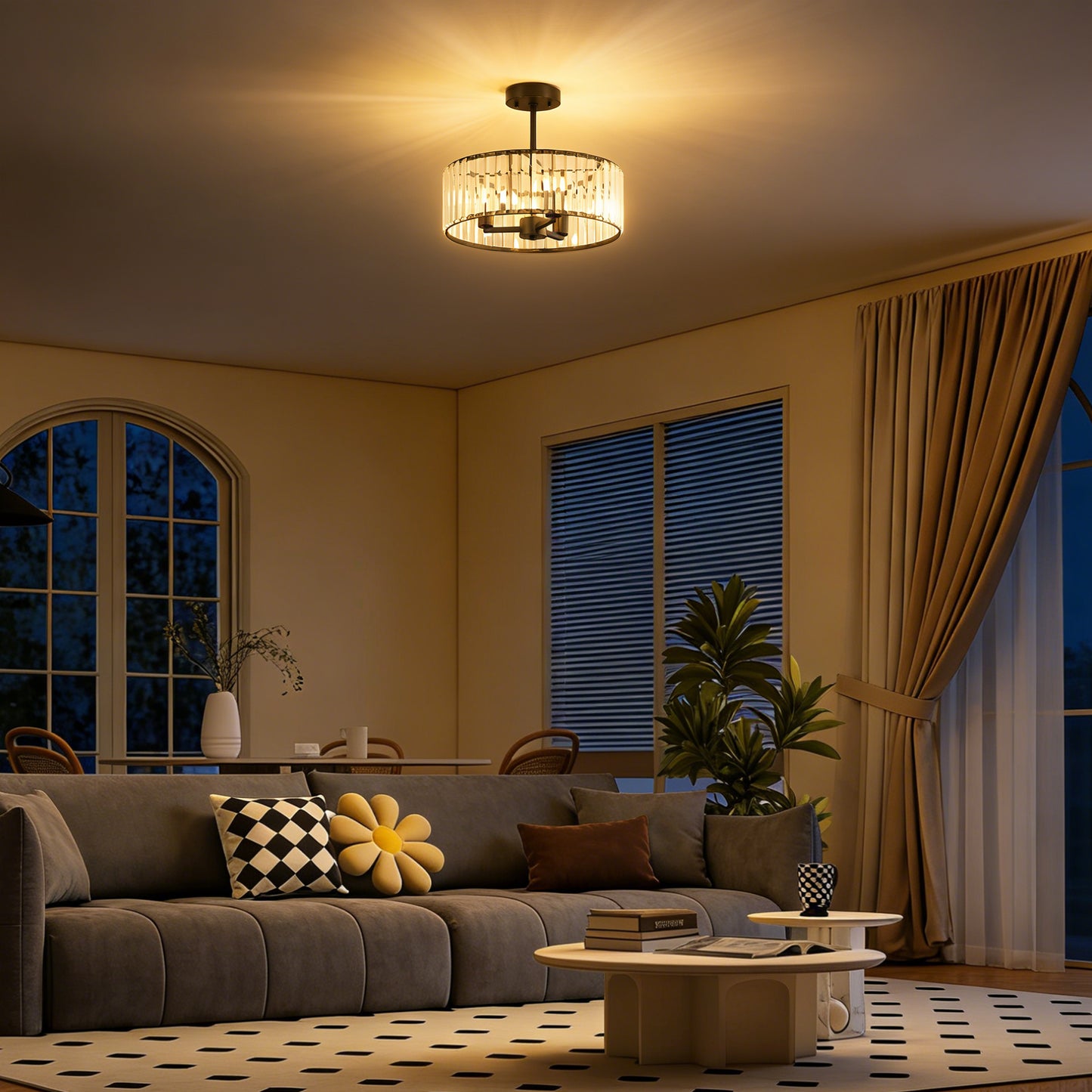 Semi Flush Mount Modern Crystal Chandelier Ceiling Light, Black