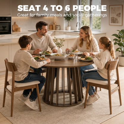 120 cm Round Dining Table for 4-6 People, Modern Kitchen Table with Slatted and Heavy Duty Pedestal Base for Dining Room, Kitchen, Living Room, Light Walnut