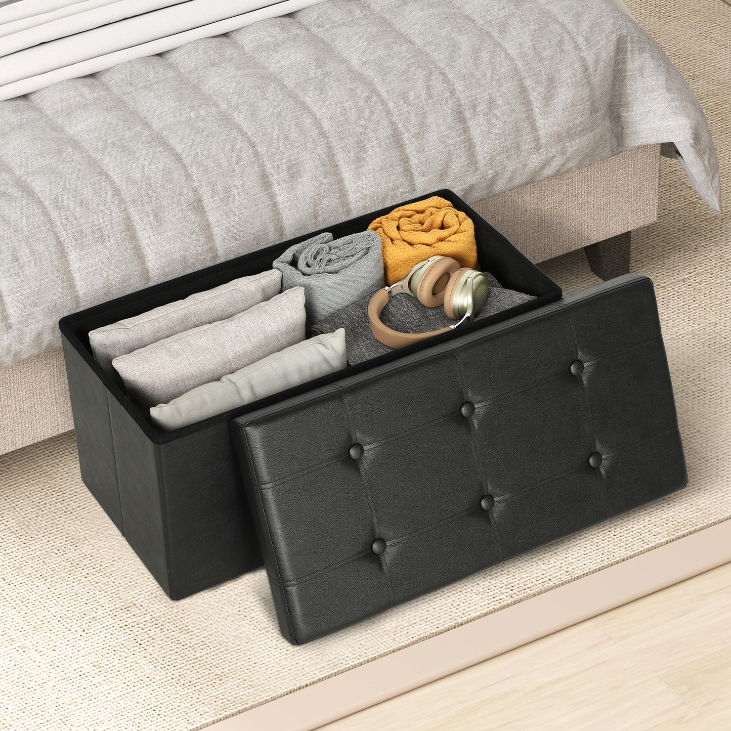 Storage Ottoman Bench, 89L PU Leather Folding Foot Rest, Black