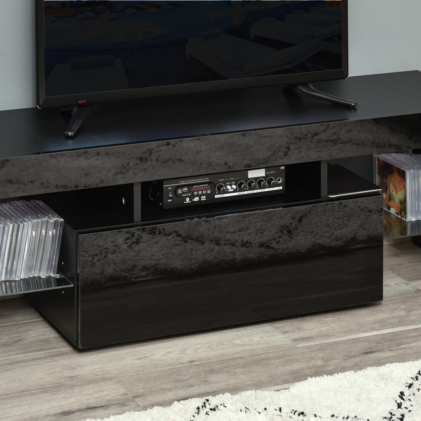 High Gloss TV Stand Cabinet with LED RGB Lights and Remote Control for 43"/50"/55" TV, Media TV Console Table with Storage Drawer and Shelf
