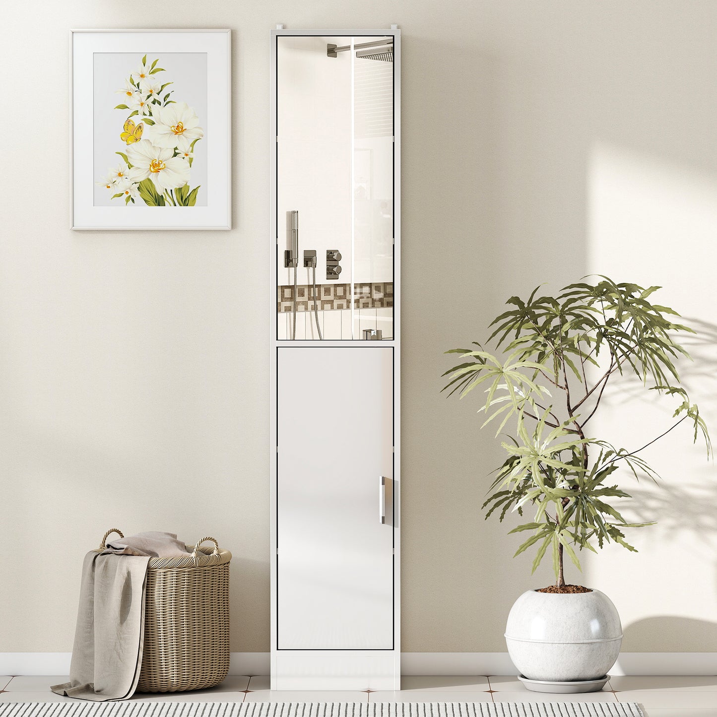 kleankin Tall Bathroom Cabinet with Mirror, High Gloss White
