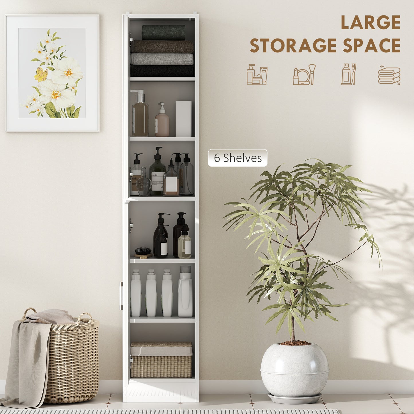 kleankin Tall Bathroom Cabinet with Mirror, High Gloss White