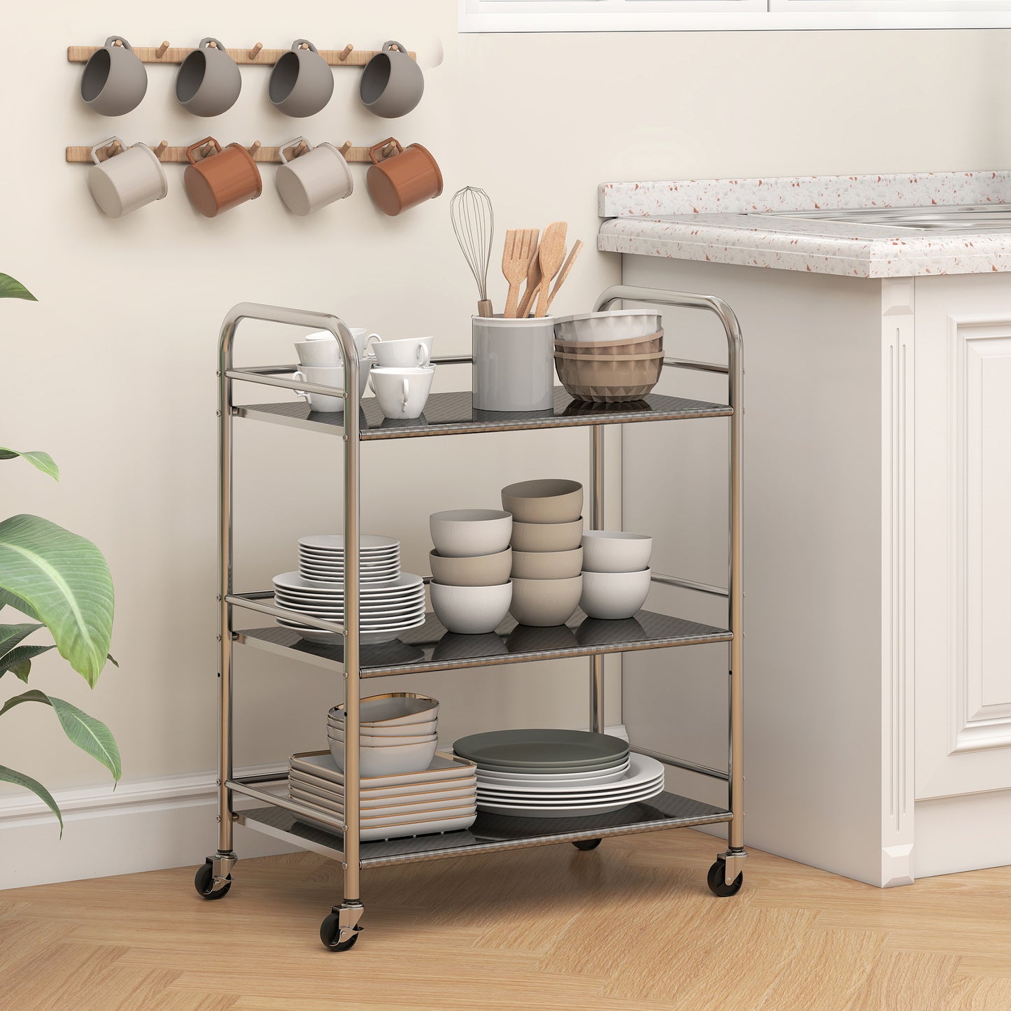 3 Tier Kitchen Trolley on Wheels Serving Cart with Handles Silver