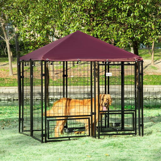 Dog Kennel with Rotating Bowl Holders, Cover, Outdoor Dog Run