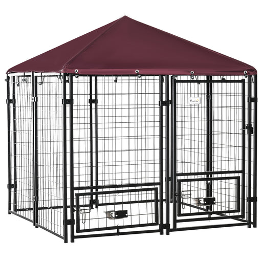 Dog Kennel with Rotating Bowl Holders, Cover, Outdoor Dog Run