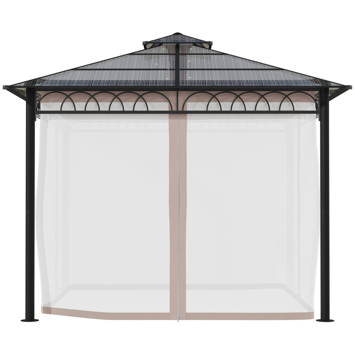 3 x 3 (m) Outdoor Polycarbonate Gazebo, Double Roof Hard Top Gazebo with Galvanized Steel Frame, Nettings & Curtains