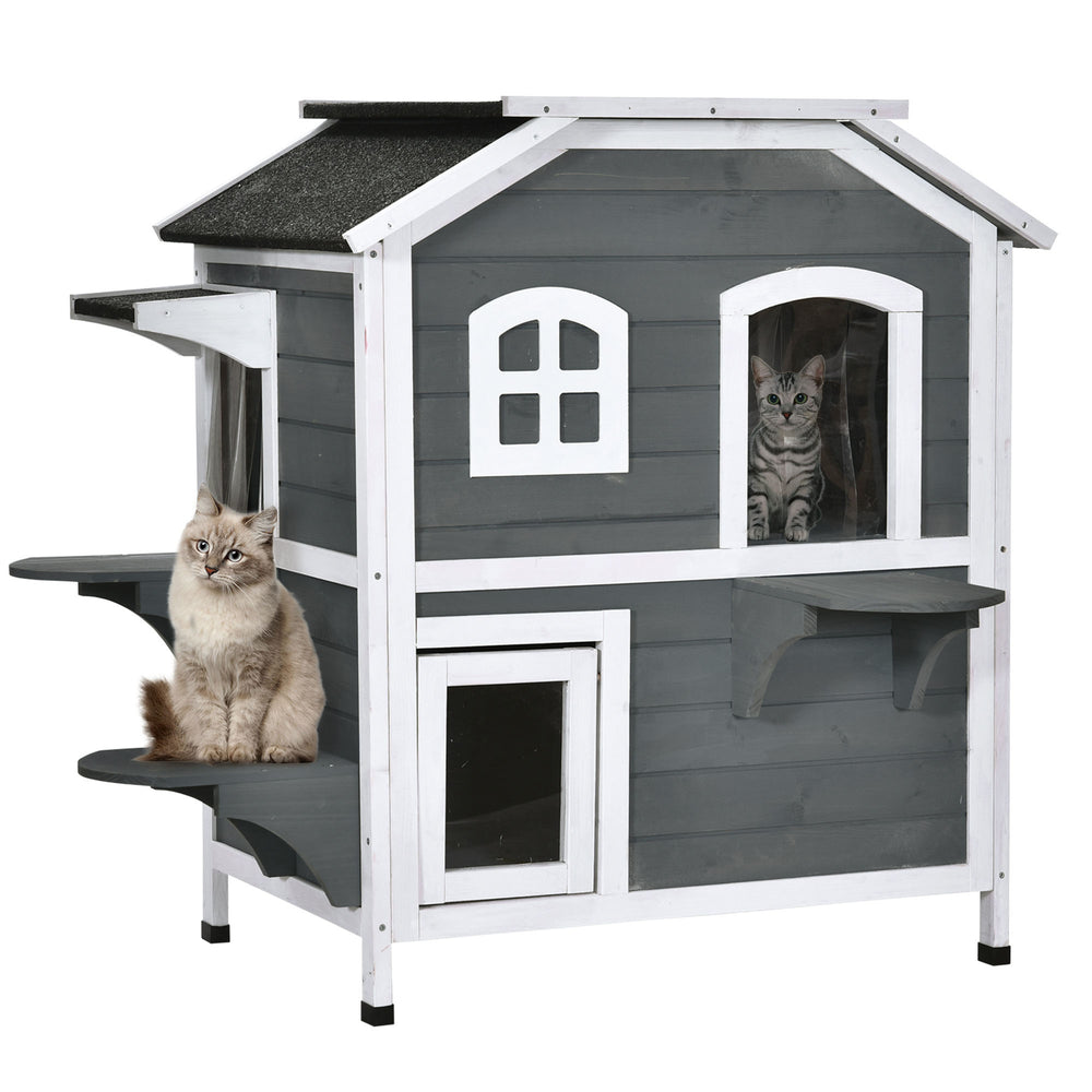 Solid Wood Cat Condos Pet House Water Proof Outdoor 2-Floor Villa, Grey