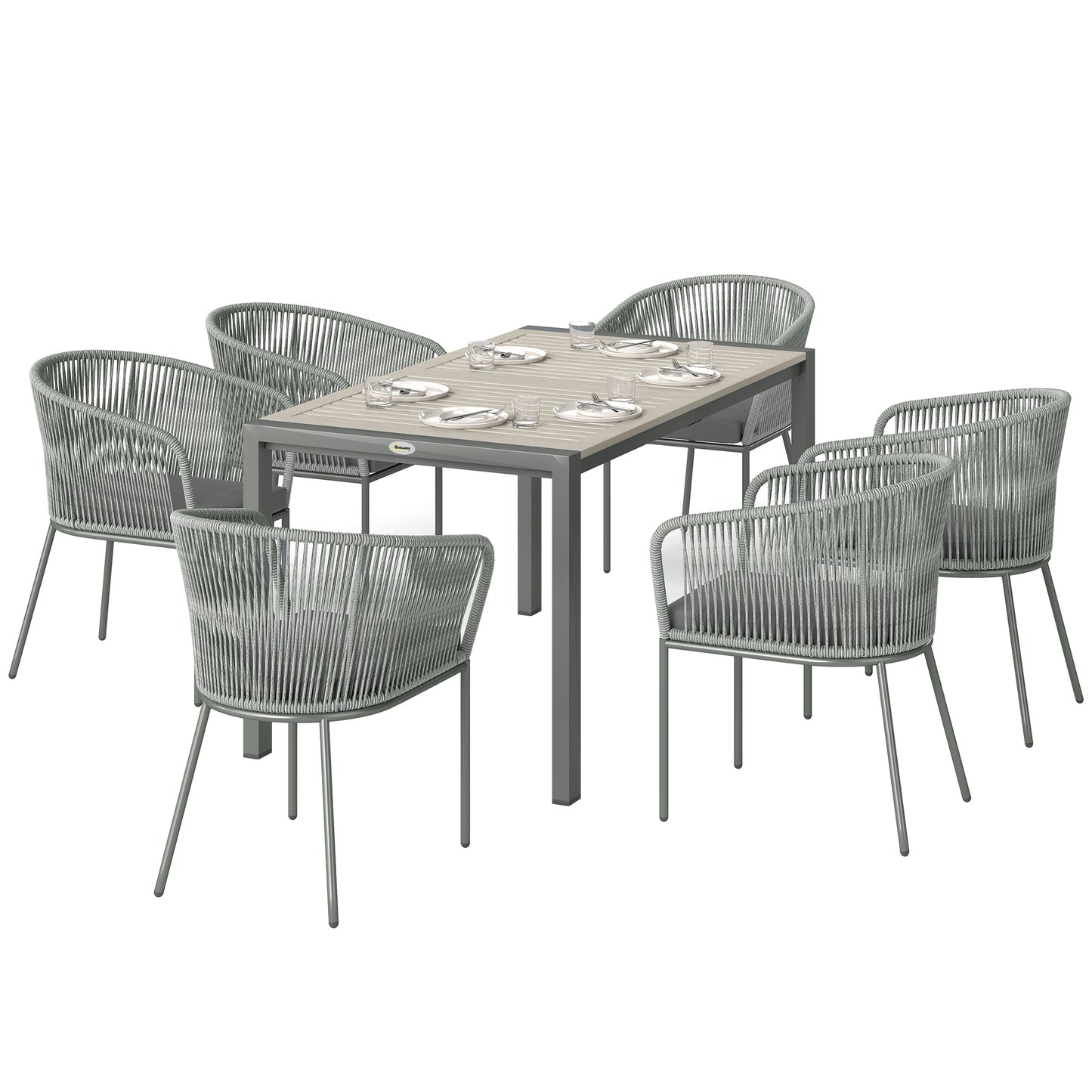 6 Seater Rattan Dining Set with Acacia Wood Table Top Seat Cushions